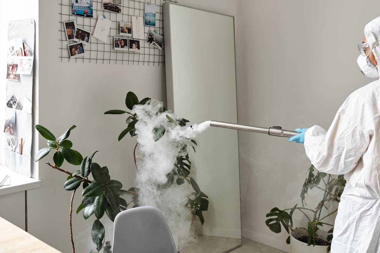Person sanitizes indoors with protective gear, plants, and photos visible.